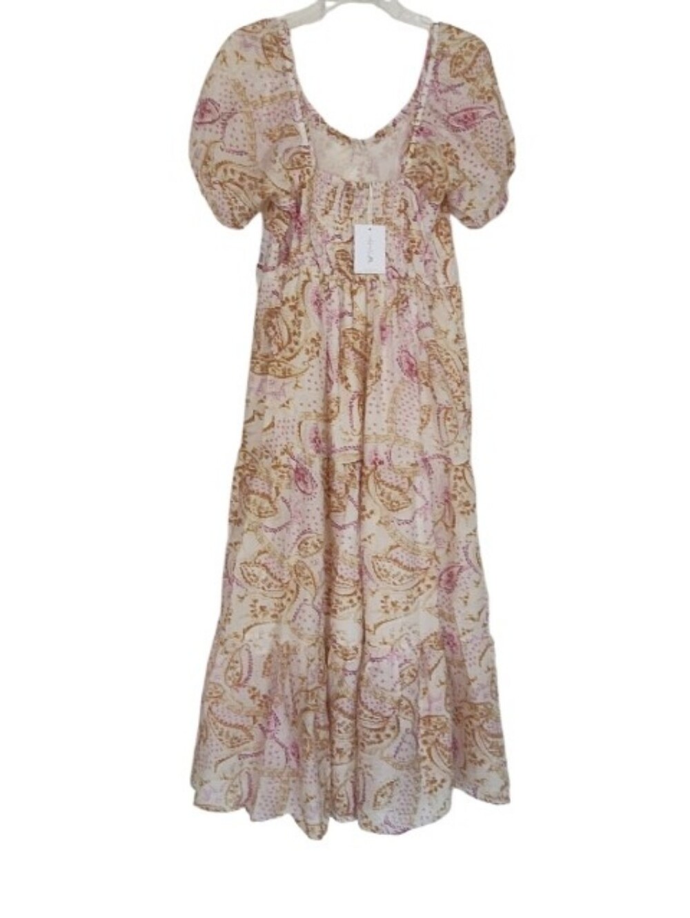 Boho Paisley Puff-Sleeve Maxi Dress in Cream and Pink Sz Med Nwt - Picture 2 of 5